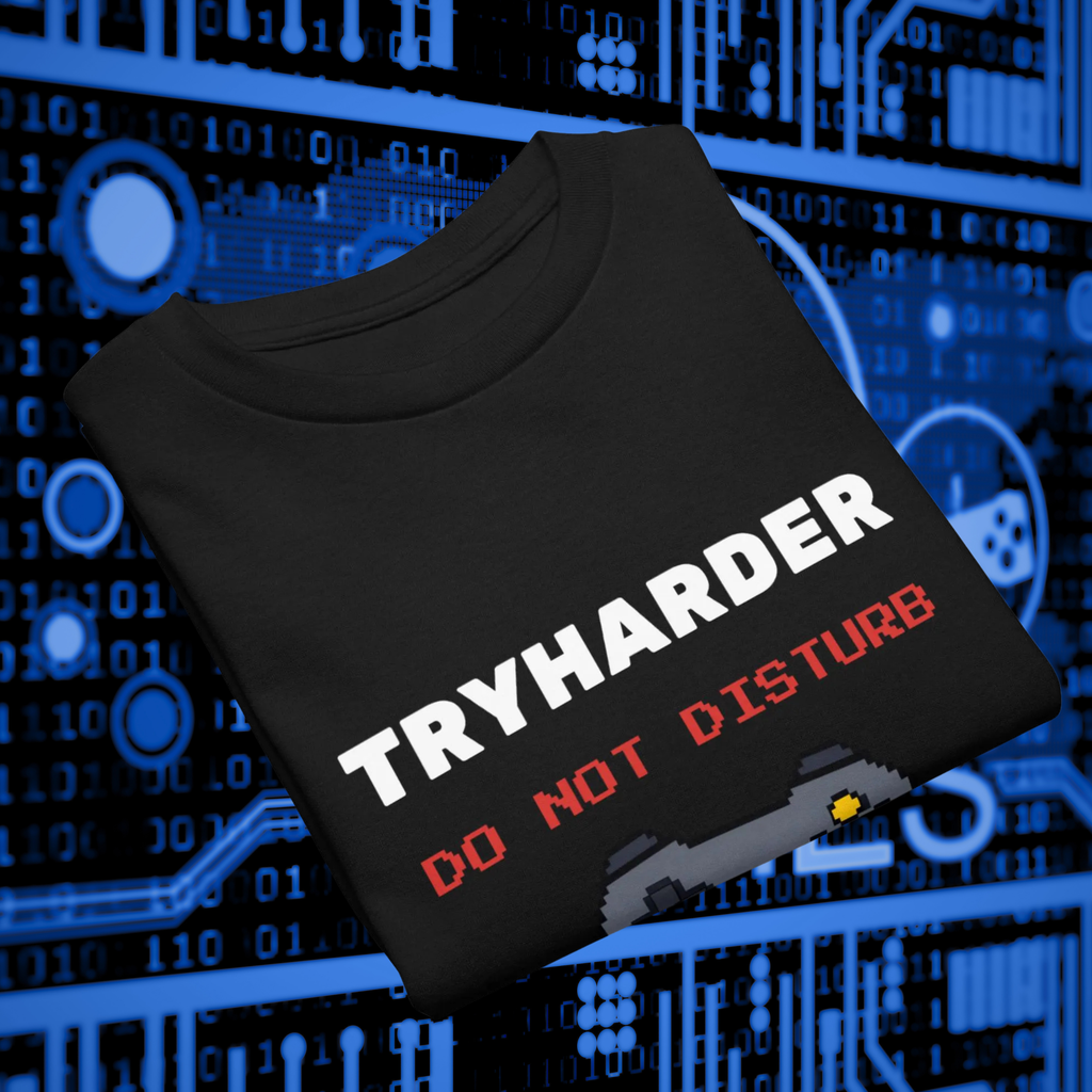 Tryharder kids' gamer T-shirt in black, folded to show the slogan and Do Not Disturb message.