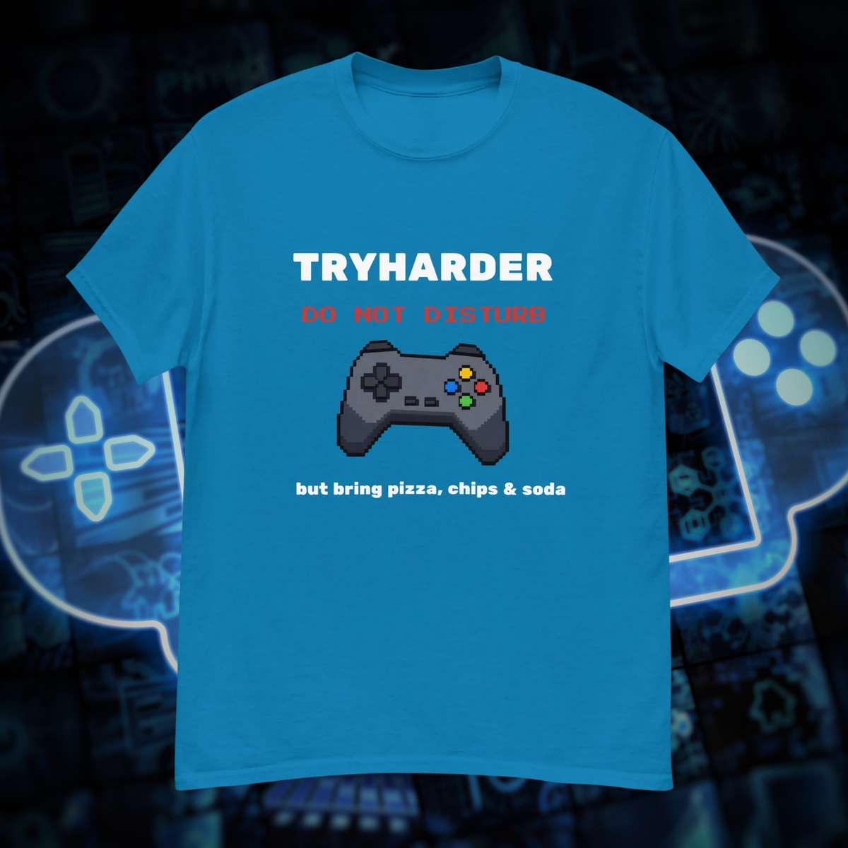 Tryharder gamer T-shirt in sapphire blue, front product view showing the controller graphic.