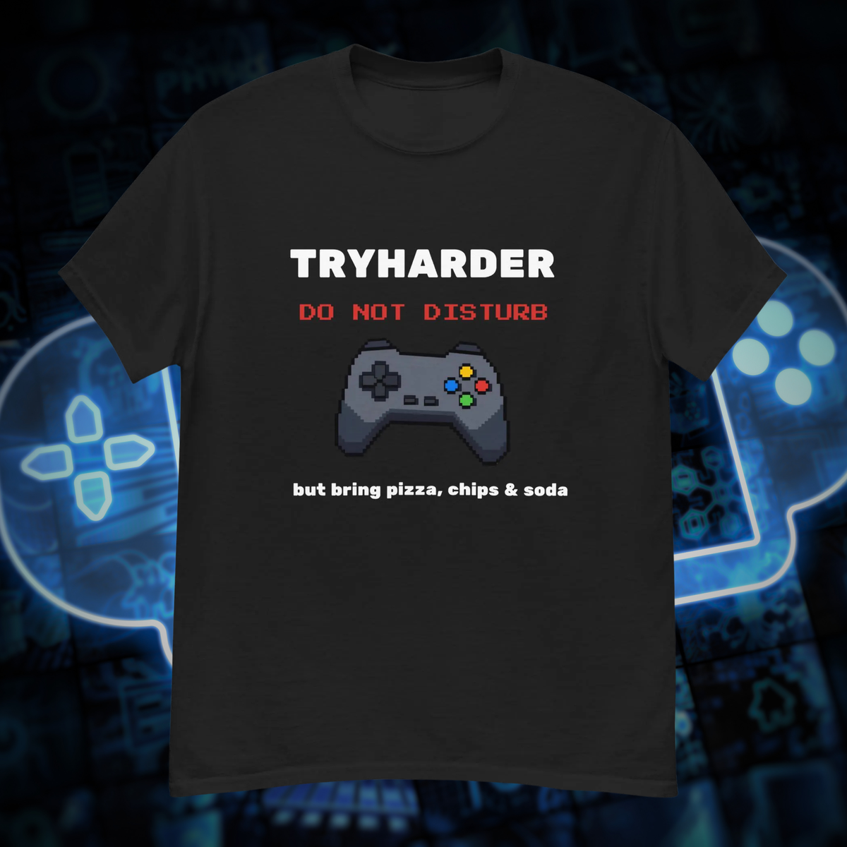 Tryharder gamer T-shirt in black, front product view showing the controller graphic.