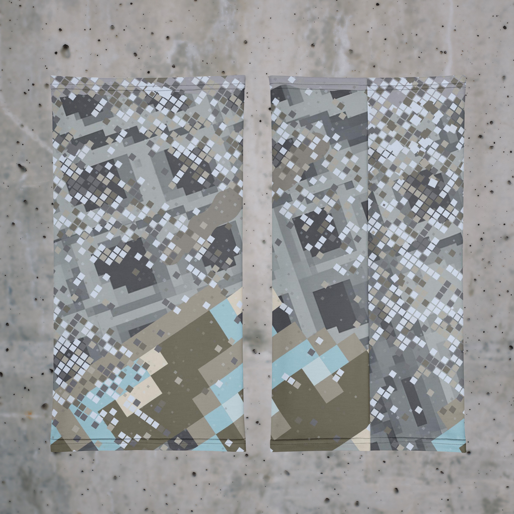 Urban Concrete 2 neck gaiter front and back flat views of grey pixel-like geometry and muted blue accents.