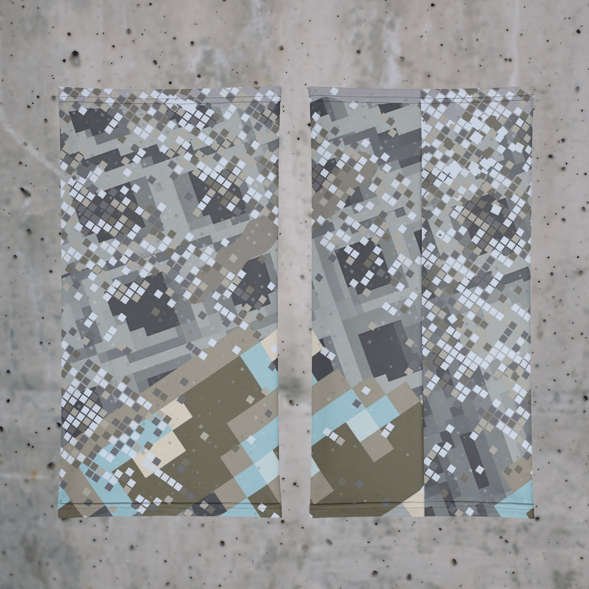Urban Concrete 2 neck gaiter front and back flat views of grey pixel-like geometry and muted blue accents.