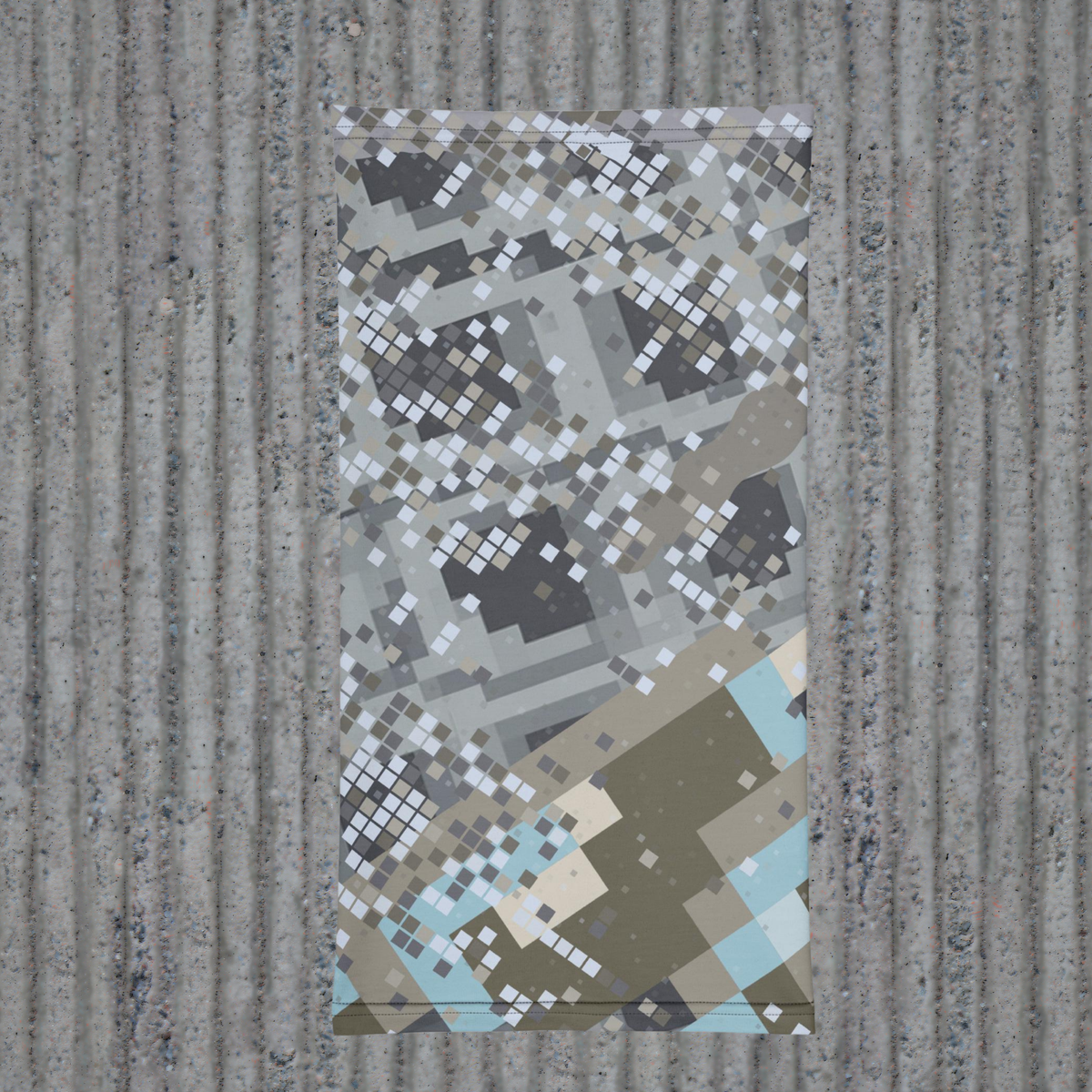 Urban Concrete 2 neck gaiter laid flat, showing grey blocks, small pale squares and muted blue details.