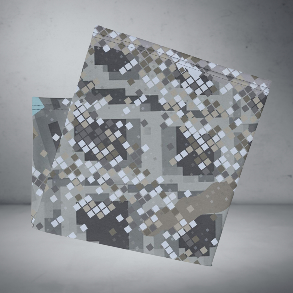Urban Concrete 2 neck gaiter folded to show grey geometric blocks and scattered pale squares.