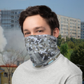 Urban Concrete 2 neck gaiter worn as a face covering outside apartment buildings.