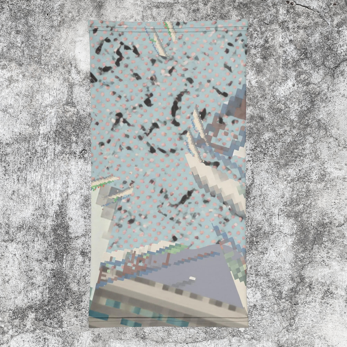 Urban Concrete 3 neck gaiter laid flat, showing pale blue-grey textures and scattered dark details.