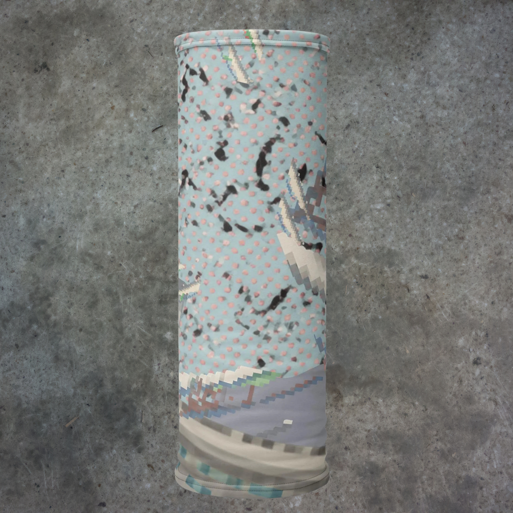 Urban Concrete 3 neck gaiter upright product view showing pale urban textures and dark scattered marks.