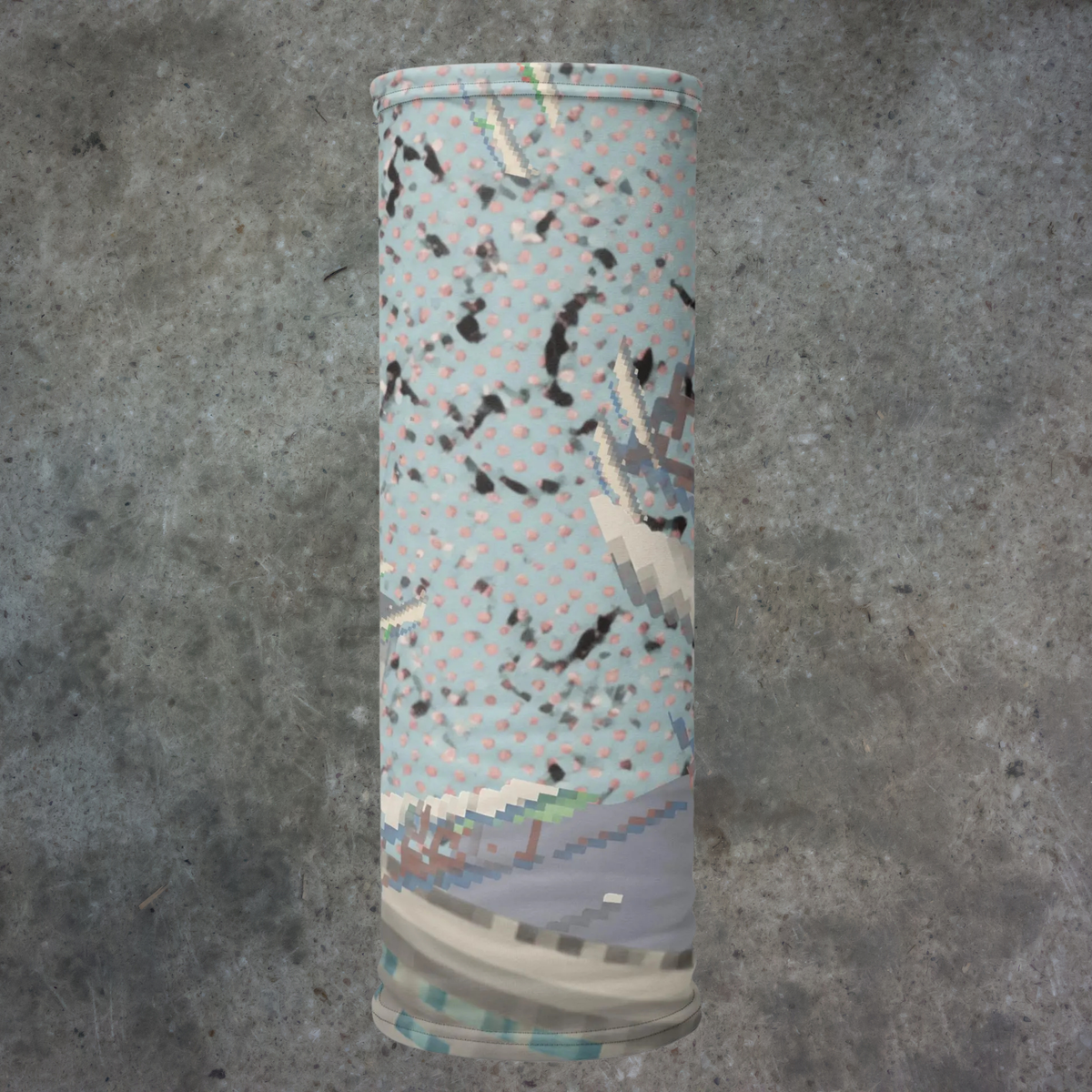 Urban Concrete 3 neck gaiter upright product view showing pale urban textures and dark scattered marks.