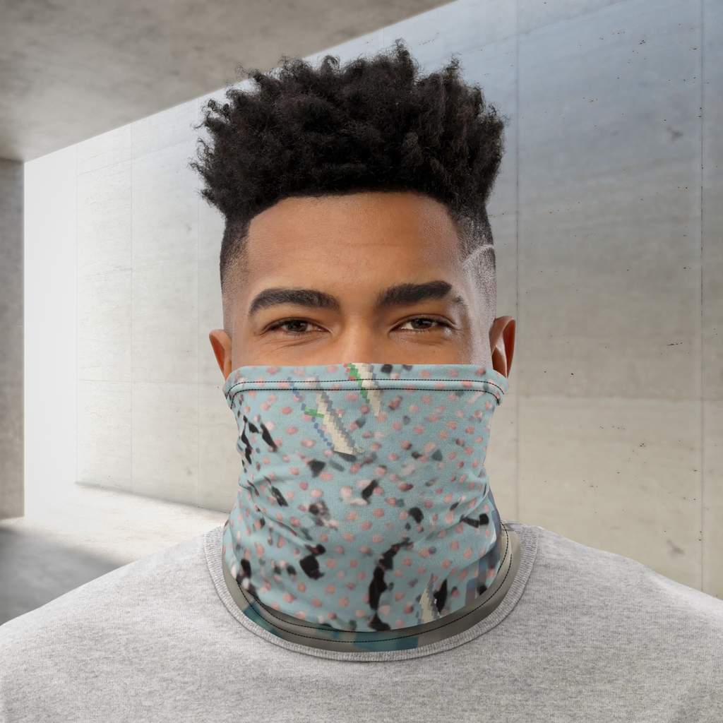 Urban Concrete 3 neck gaiter worn over the nose and mouth with a grey T-shirt, front view.