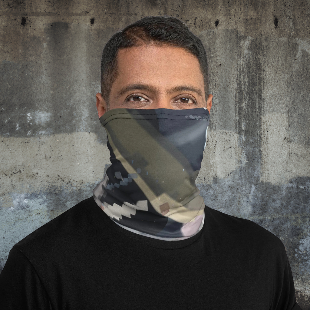 Urban Concrete 4 neck gaiter worn over the nose and mouth with a black T-shirt, front view.