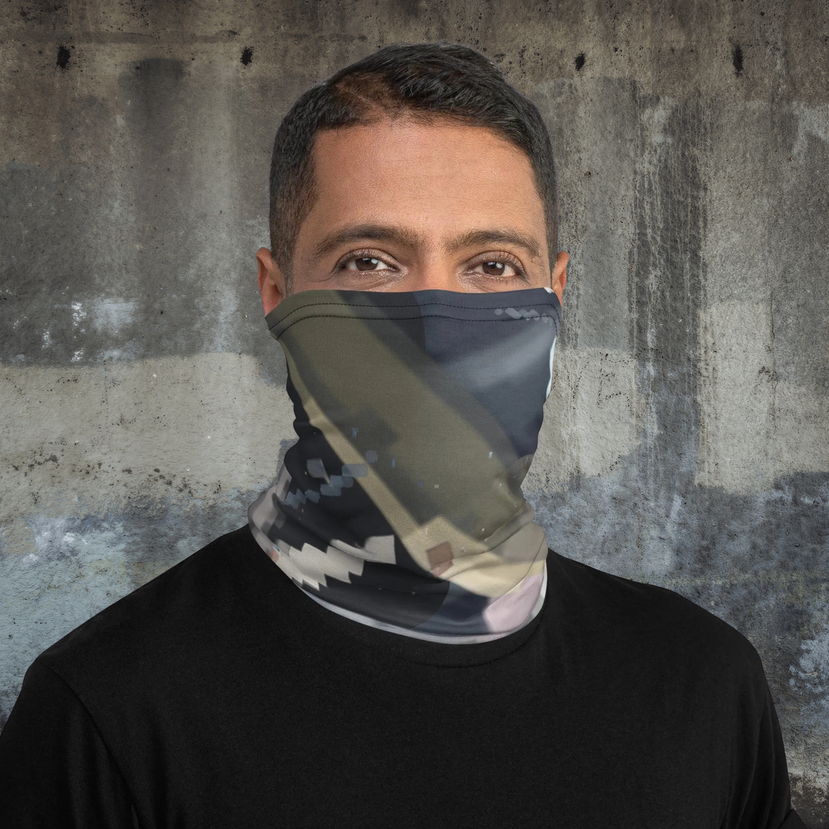 Urban Concrete 4 neck gaiter worn over the nose and mouth with a black T-shirt, front view.