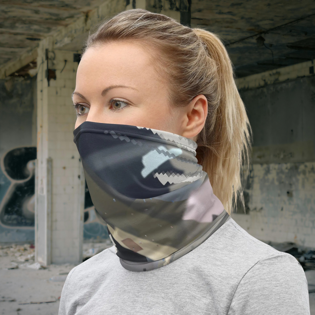 Urban Concrete 4 neck gaiter worn as a face covering outdoors with a grey top.