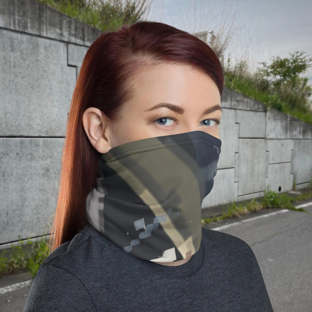Urban Concrete 4 neck gaiter worn as a face covering outside a concrete building, three-quarter view.