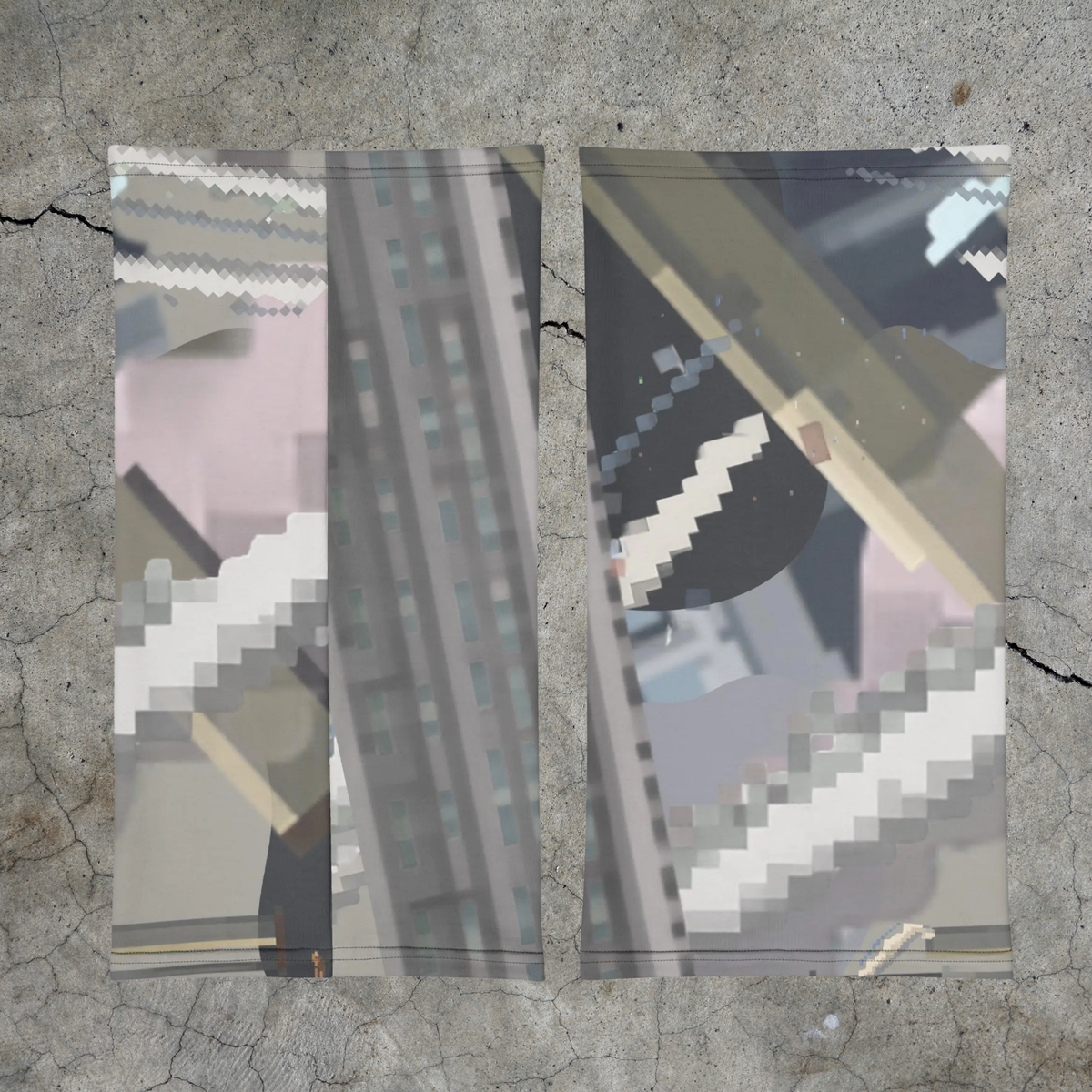 Urban Concrete 4 neck gaiter front and back flat views of bold architectural fragments and diagonals.