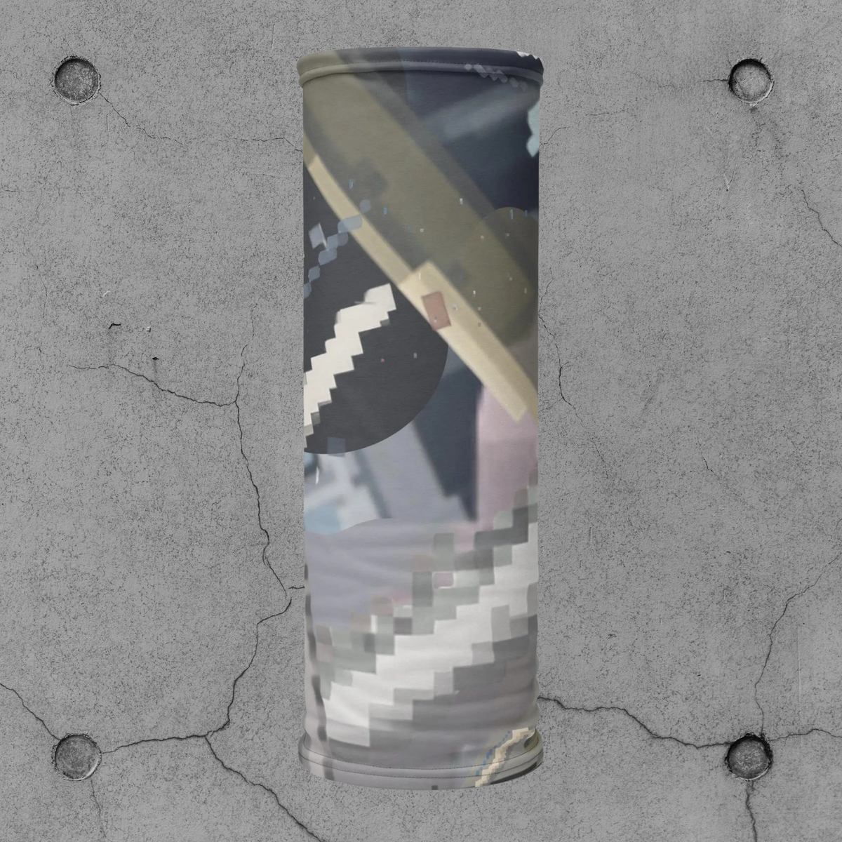 Urban Concrete 4 neck gaiter upright product view showing grey, olive and pale geometric fragments.