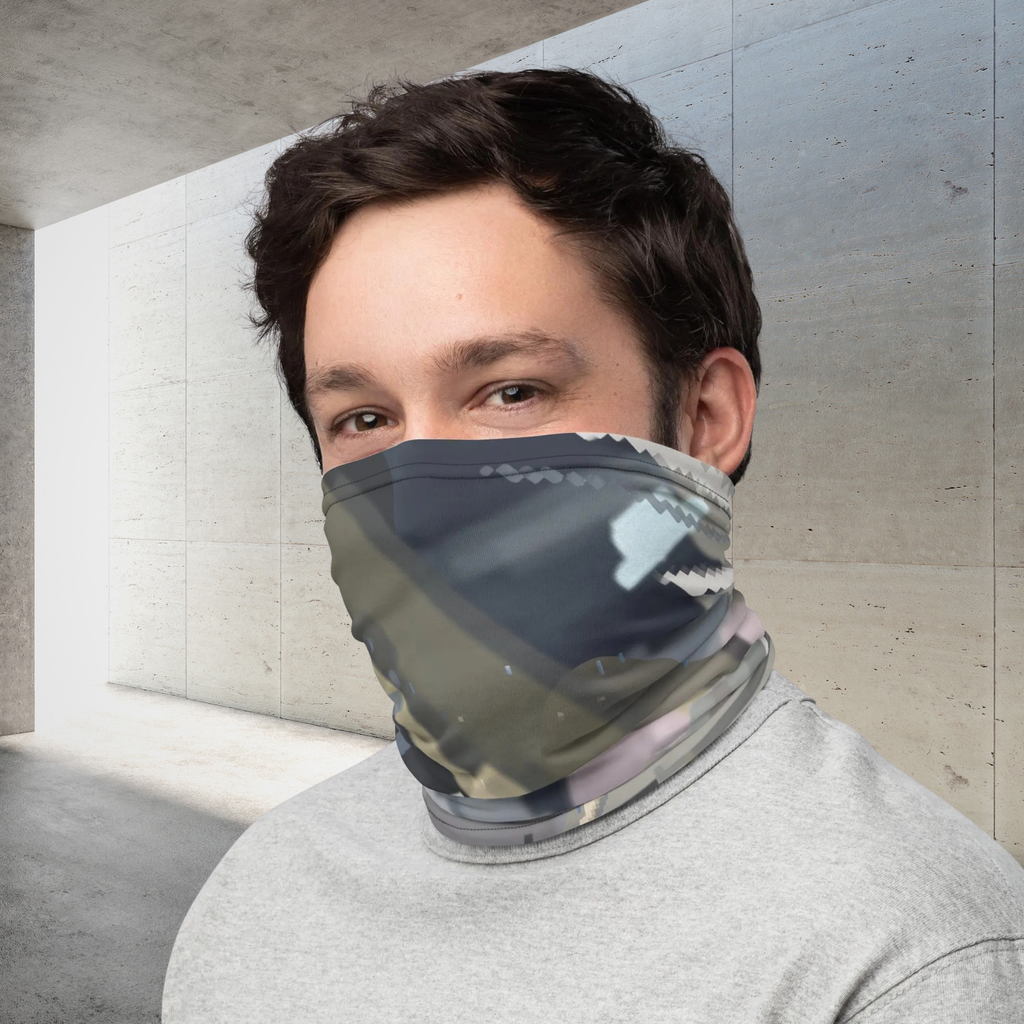 Urban Concrete 4 neck gaiter worn over the nose and mouth with a grey T-shirt, front view.