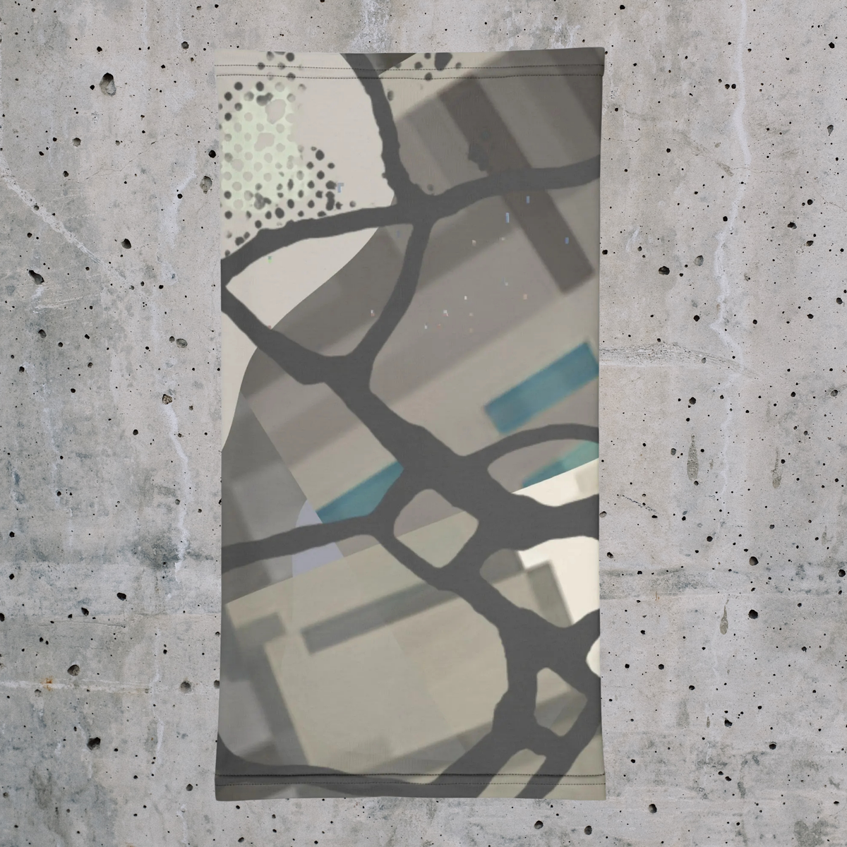 Urban Concrete 5 neck gaiter laid flat, showing grey architectural shapes and scattered blue accents.