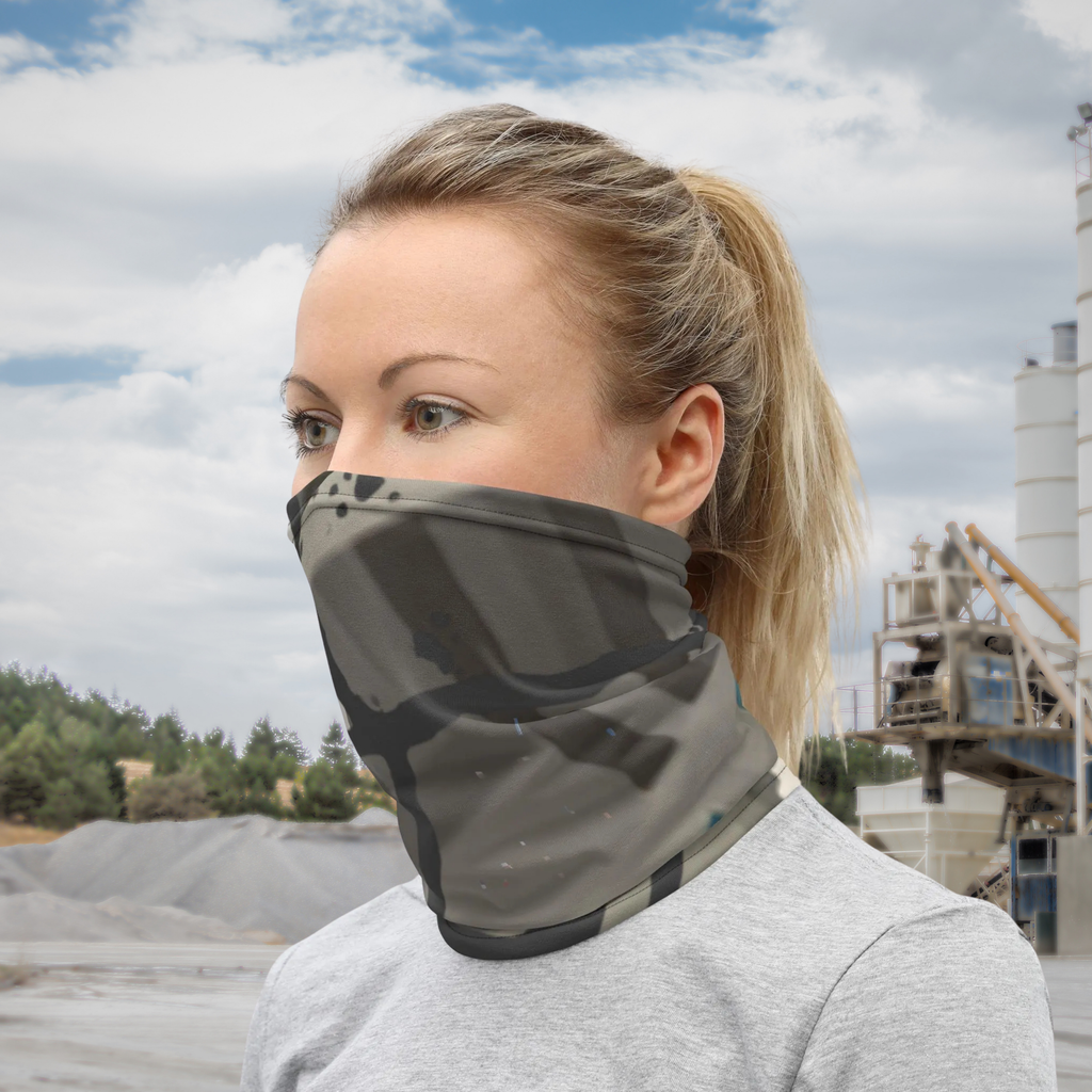 Urban Concrete 5 neck gaiter worn as a face covering outdoors with a grey top.