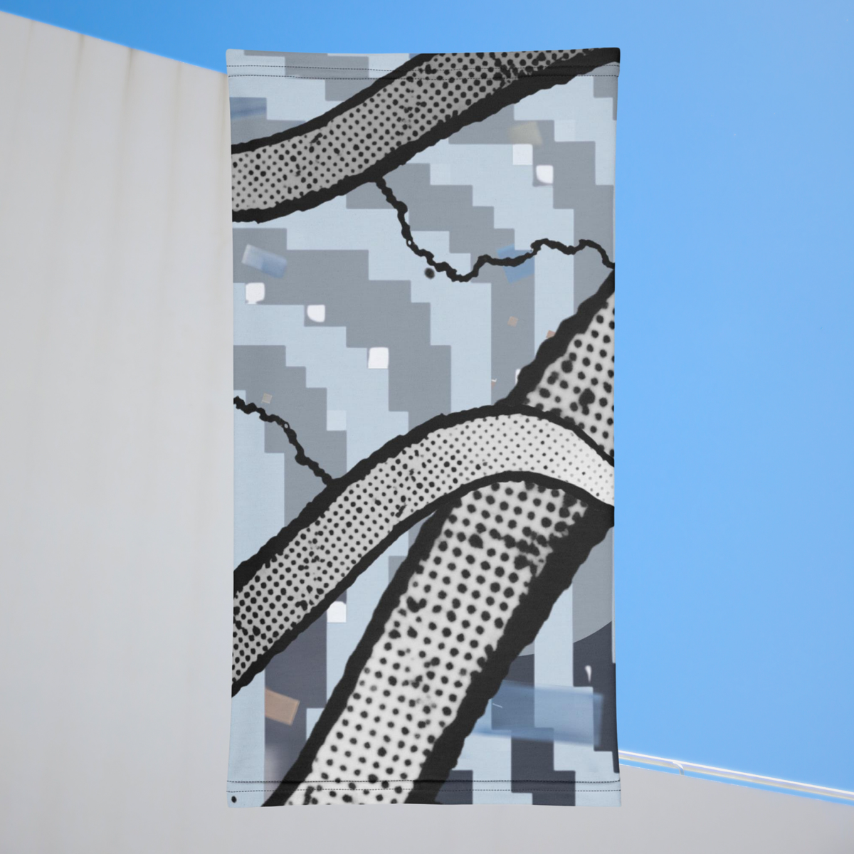 Urban Concrete 6 neck gaiter laid flat, showing blue-grey blocks and bold black halftone curves.