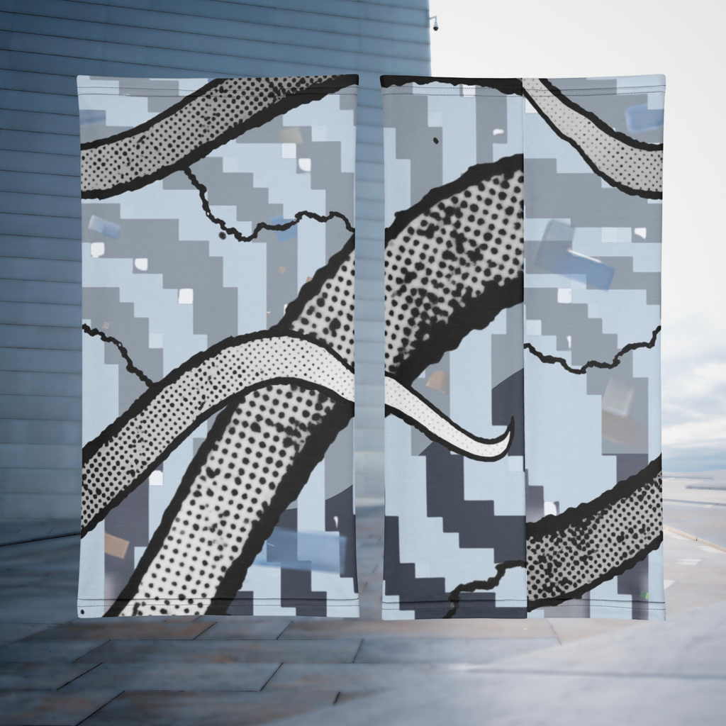 Urban Concrete 6 neck gaiter front and back flat views of the blue-grey print and dotted black curves.