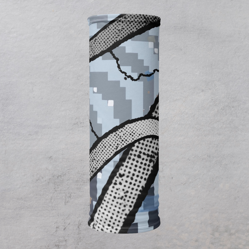 Urban Concrete 6 neck gaiter upright product view showing the blue-grey geometric and halftone print.