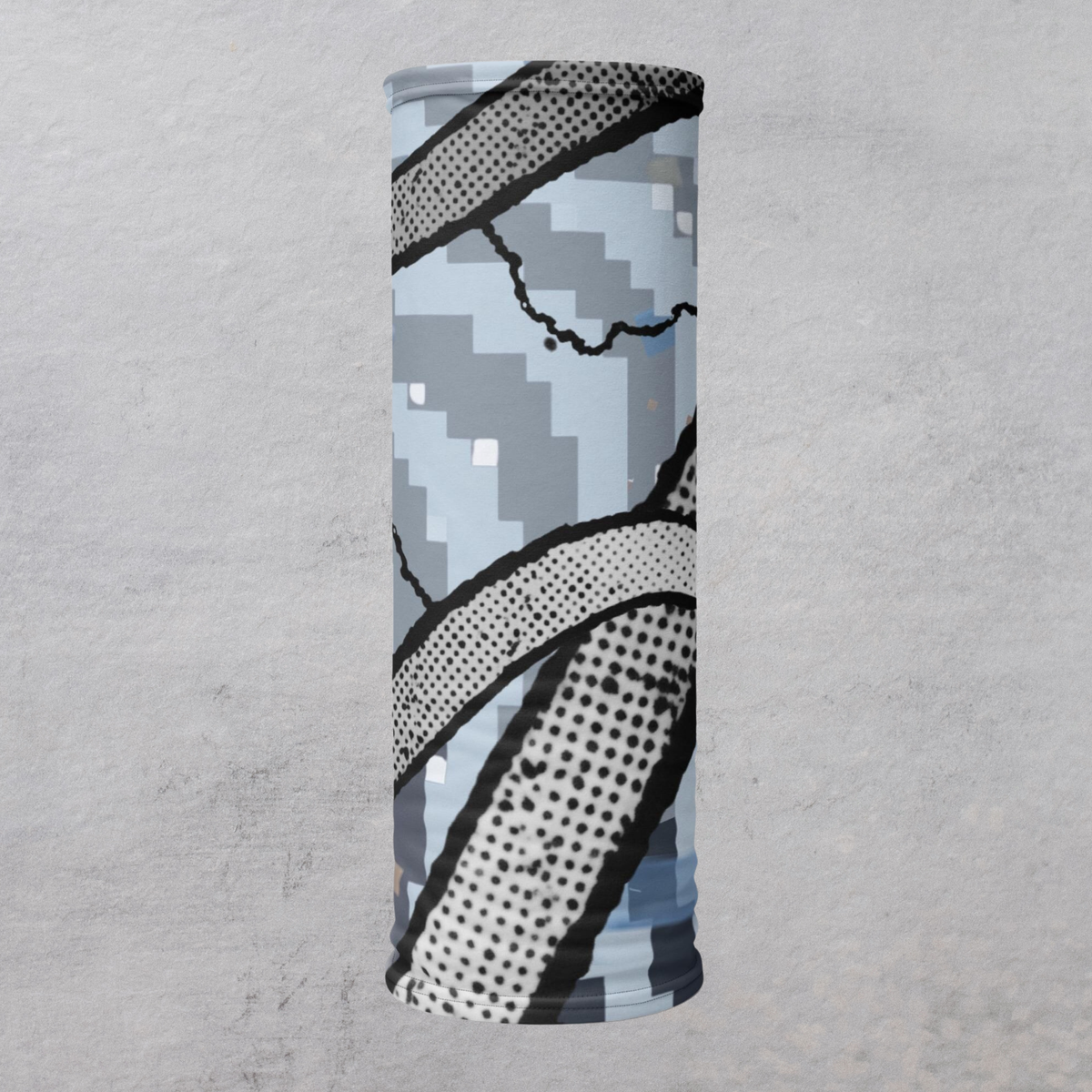 Urban Concrete 6 neck gaiter upright product view showing the blue-grey geometric and halftone print.