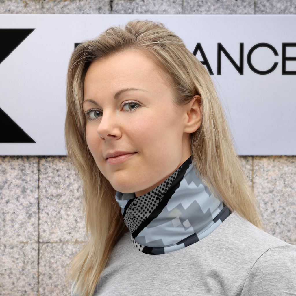 Urban Concrete 6 neck gaiter worn as a neck warmer, three-quarter view.