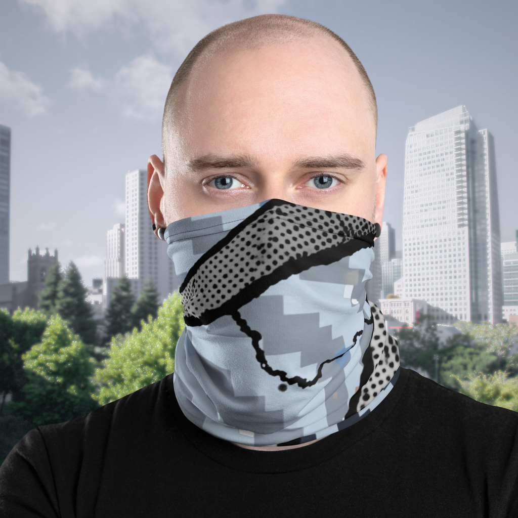 Urban Concrete 6 neck gaiter worn over the nose and mouth with a black T-shirt, front view.