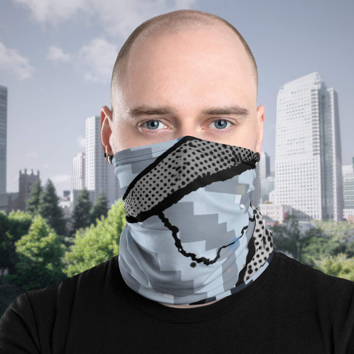 Urban Concrete 6 neck gaiter worn over the nose and mouth with a black T-shirt, front view.