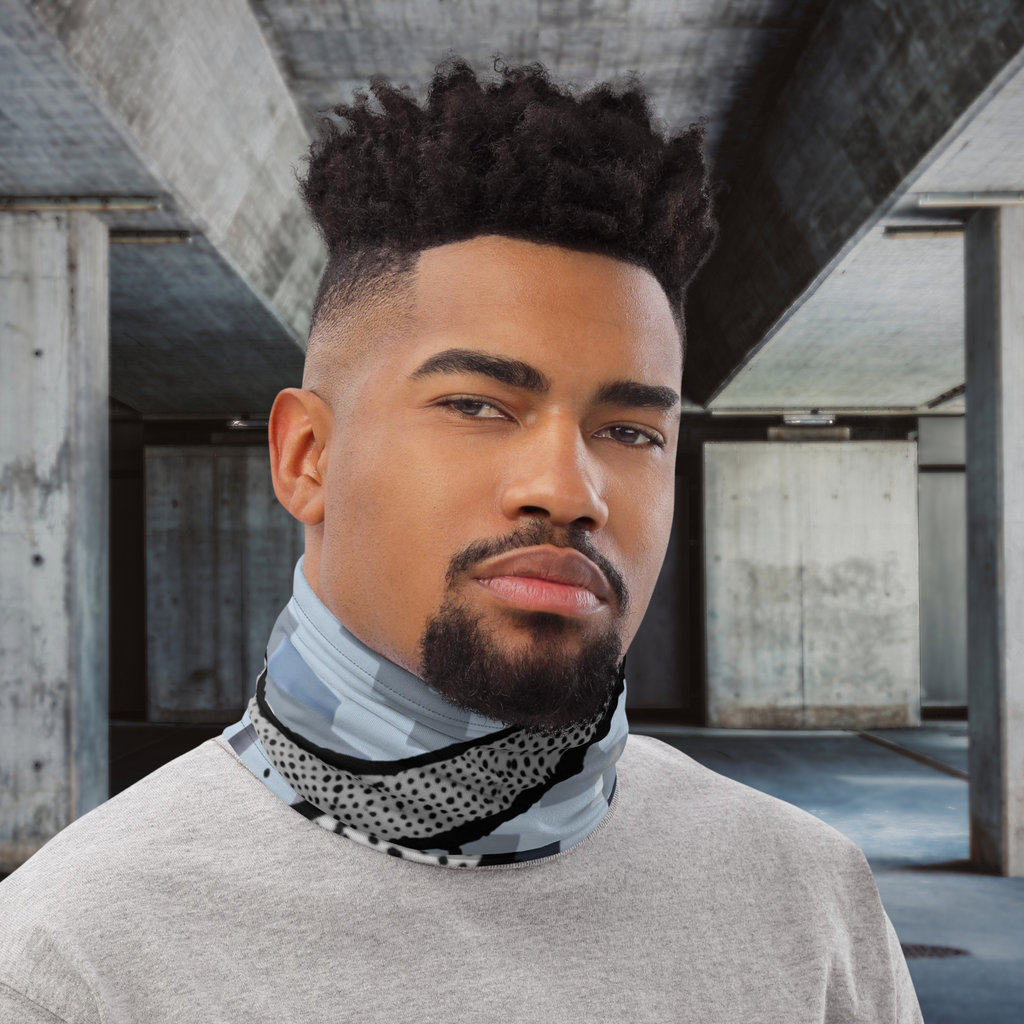 Urban Concrete 6 neck gaiter worn as a neck warmer with a grey T-shirt.