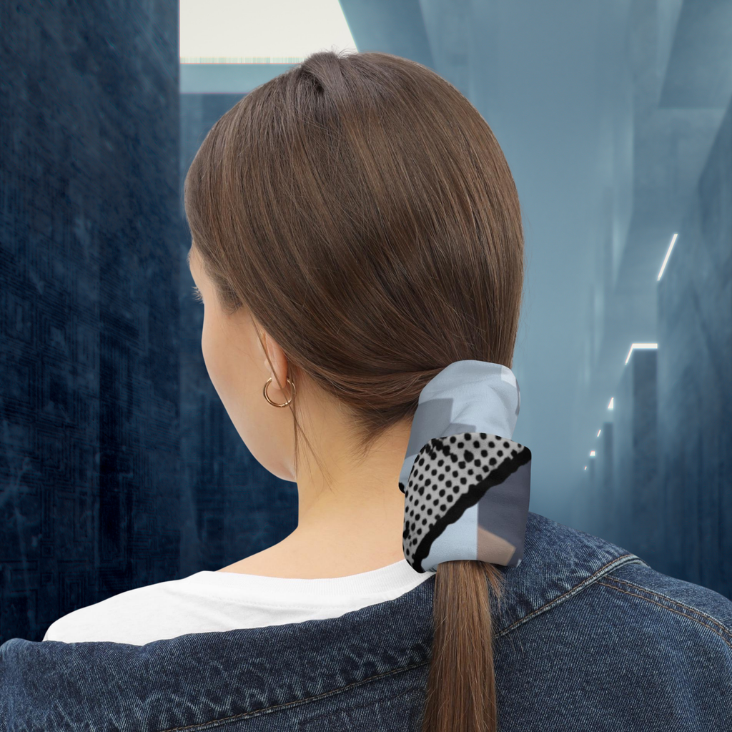 Urban Concrete 6 neck gaiter used as a ponytail wrap against a blue-grey wall, rear view.