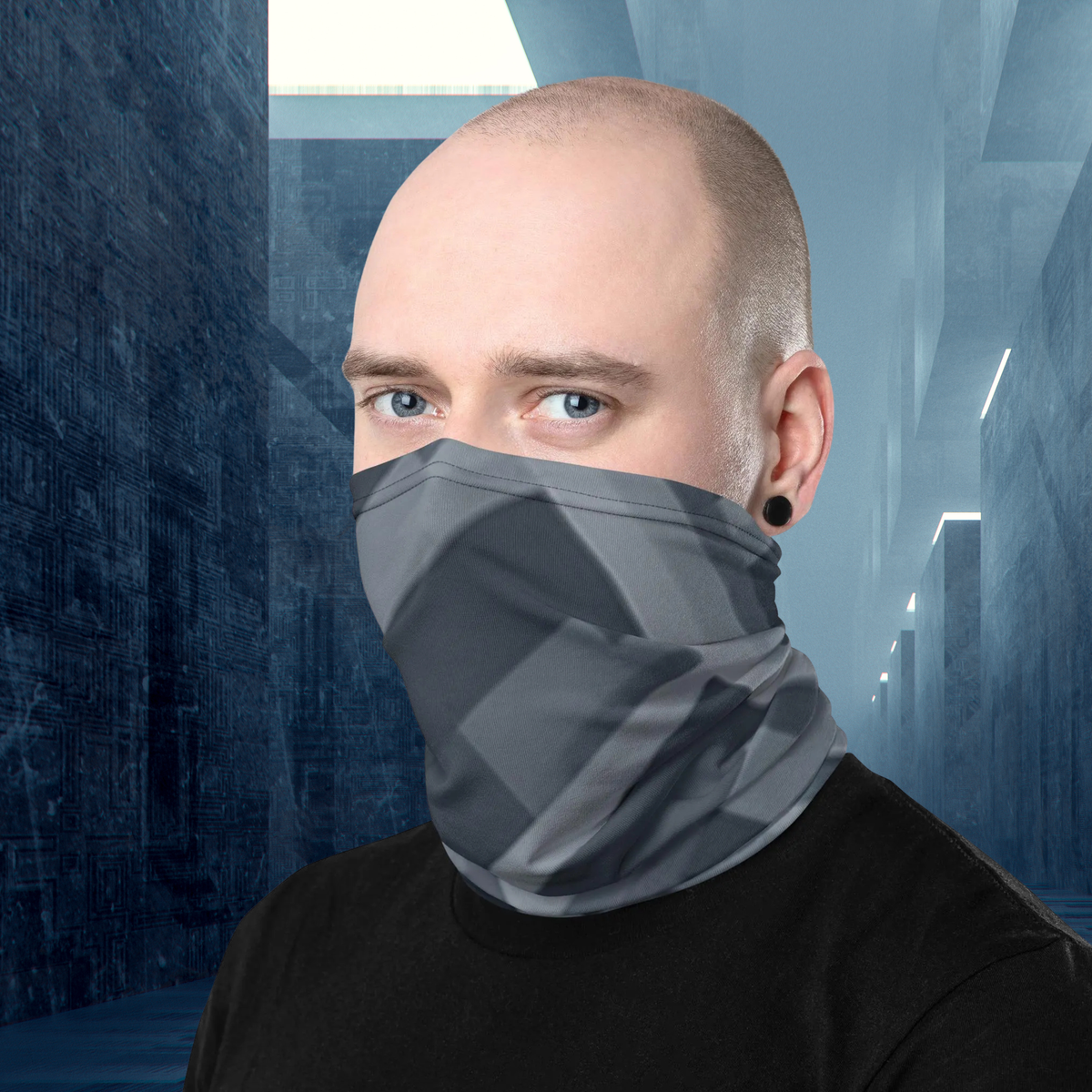 Urban Concrete 8 neck gaiter worn as a face covering in a blue-grey alley.