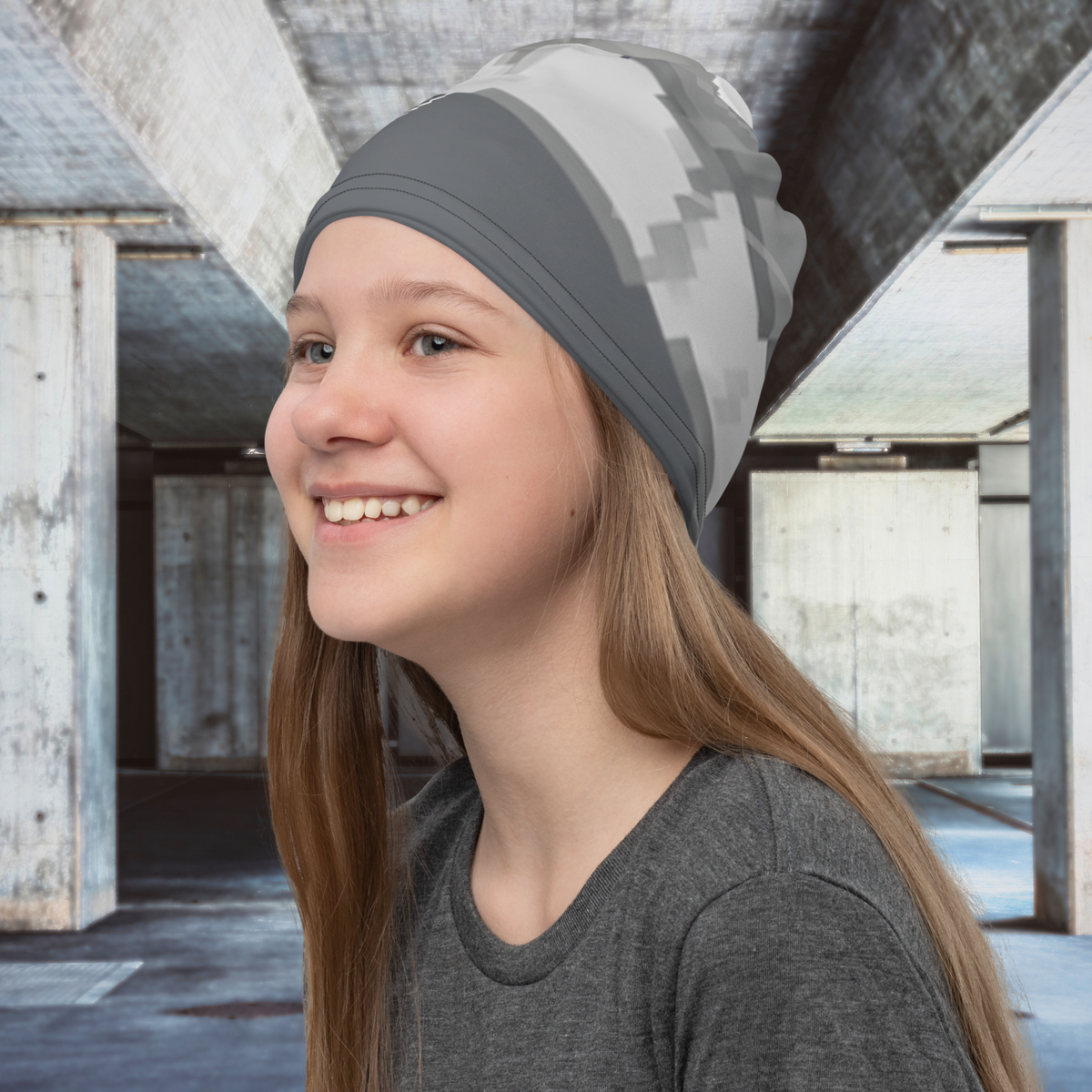 Urban Concrete 10 neck gaiter worn as a beanie, three-quarter view.