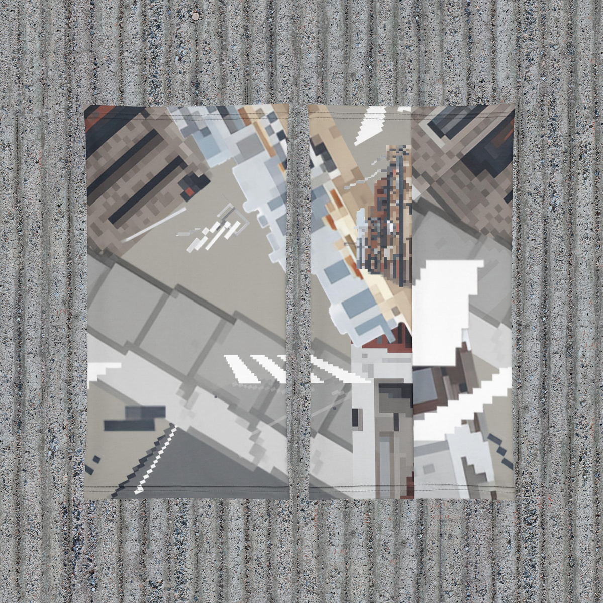 Urban Concrete 10 neck gaiter front and back flat views of the fragmented grey geometric print.