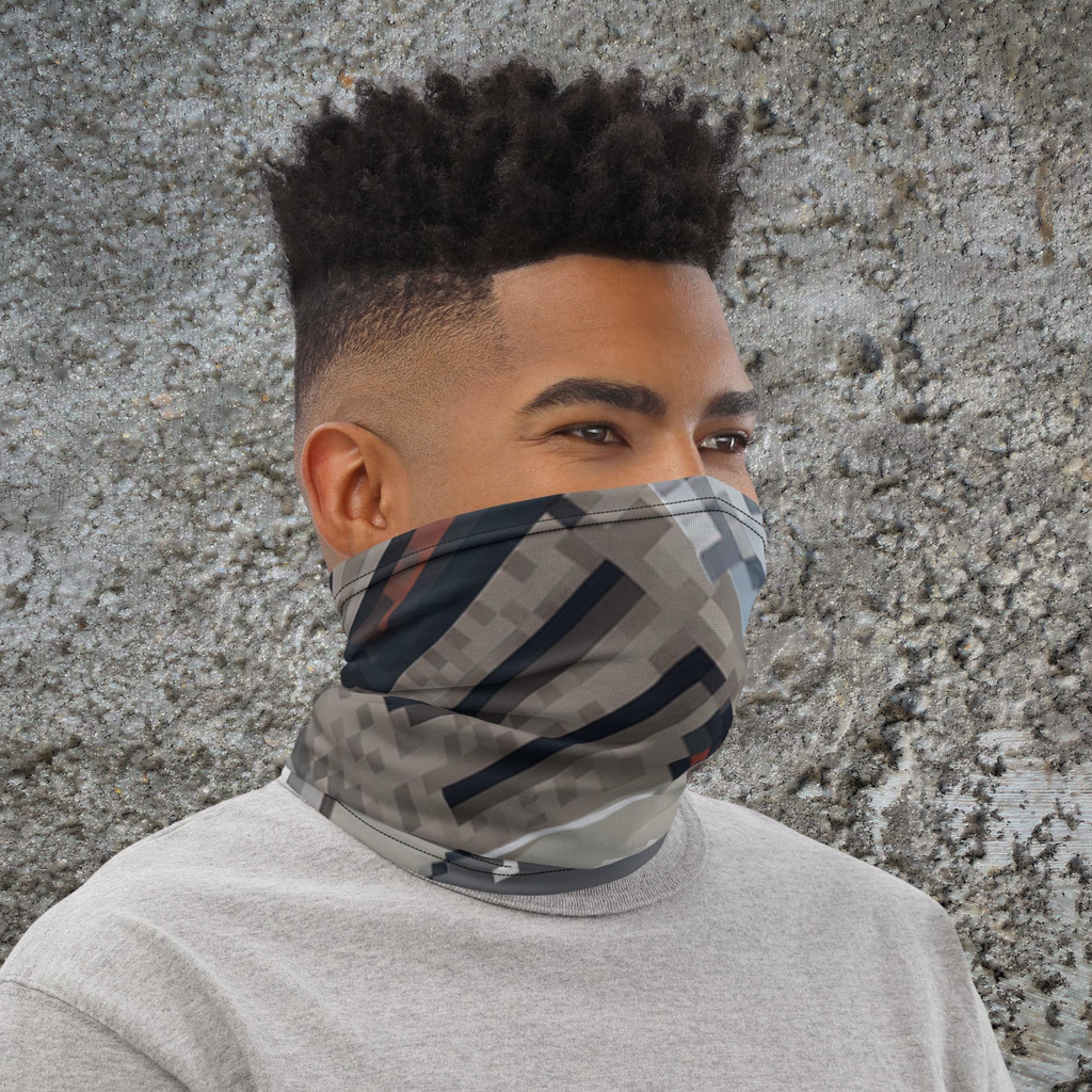 Urban Concrete 10 neck gaiter worn as a face covering with a grey T-shirt, three-quarter view.