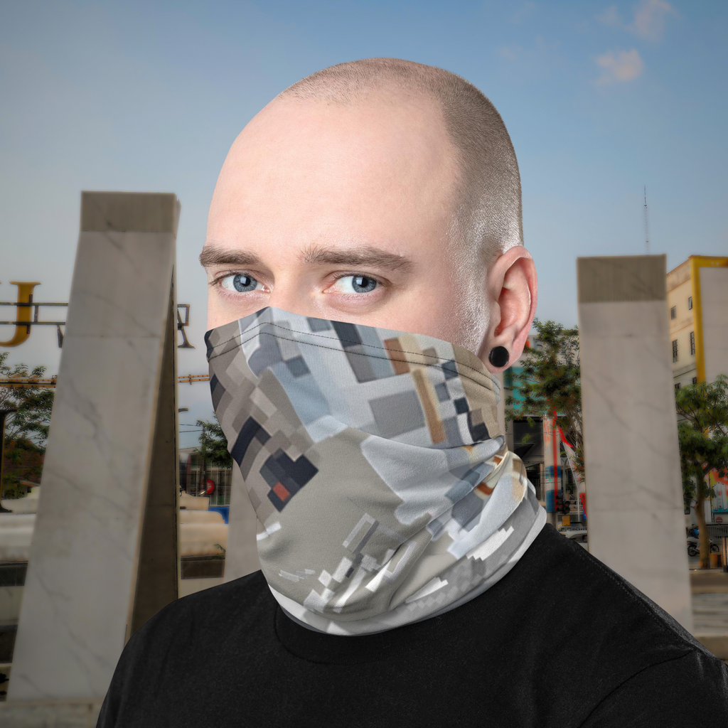 Urban Concrete 10 neck gaiter worn as a face covering outdoors, three-quarter view.