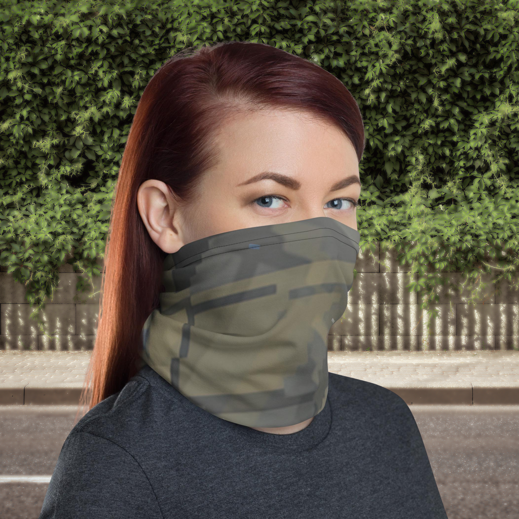 Urban Concrete 7 neck gaiter worn as a face covering outdoors with a dark T-shirt.