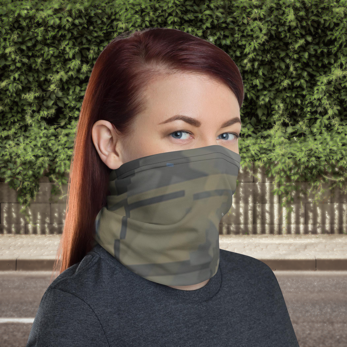 Urban Concrete 7 neck gaiter worn as a face covering outdoors with a dark T-shirt.