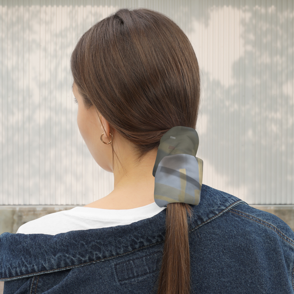 Urban Concrete 7 neck gaiter used as a ponytail wrap with a denim jacket, rear view.