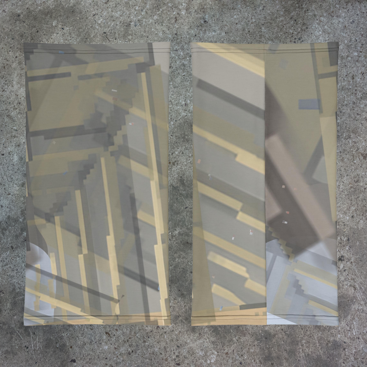 Urban Concrete 7 neck gaiter front and back flat views of the grey and ochre geometric print.