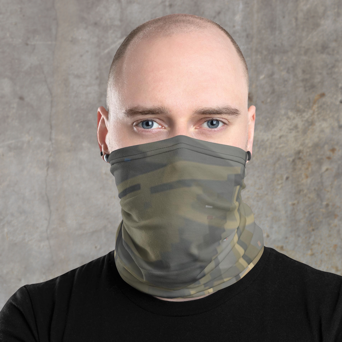 Urban Concrete 7 neck gaiter worn over the nose and mouth with a black T-shirt, front view.