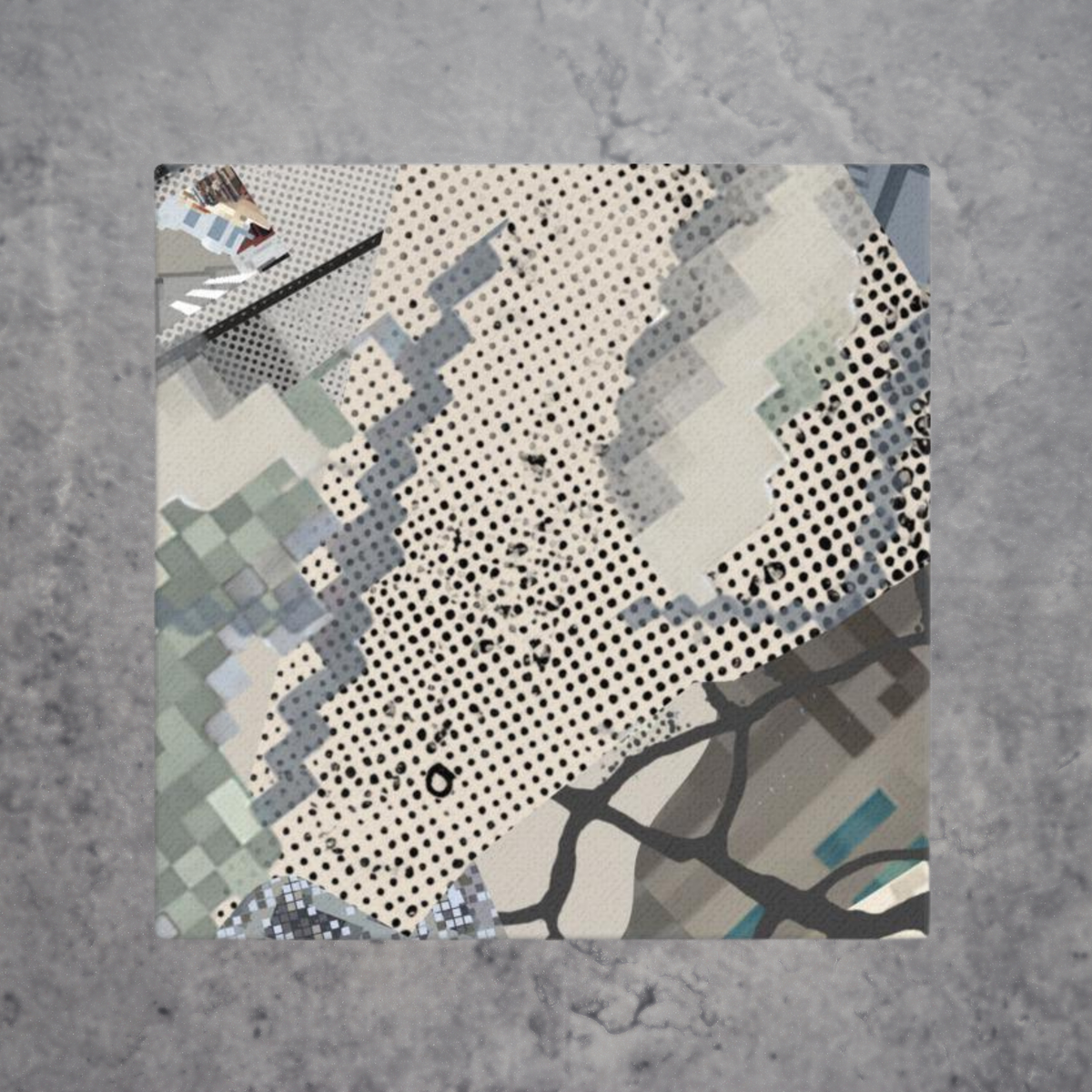 Urban Concrete 1 portrait artwork with cream, grey and muted green geometric patterns on a concrete background.