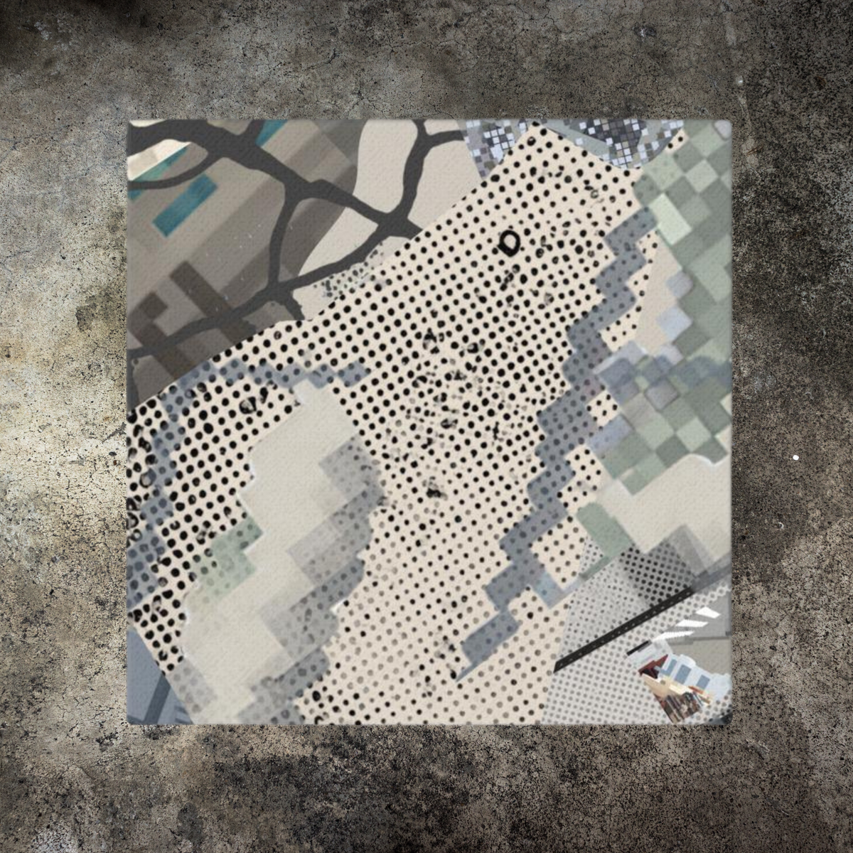 Urban Concrete 1 landscape artwork showing layered geometric shapes, black dots and fragmented urban textures.