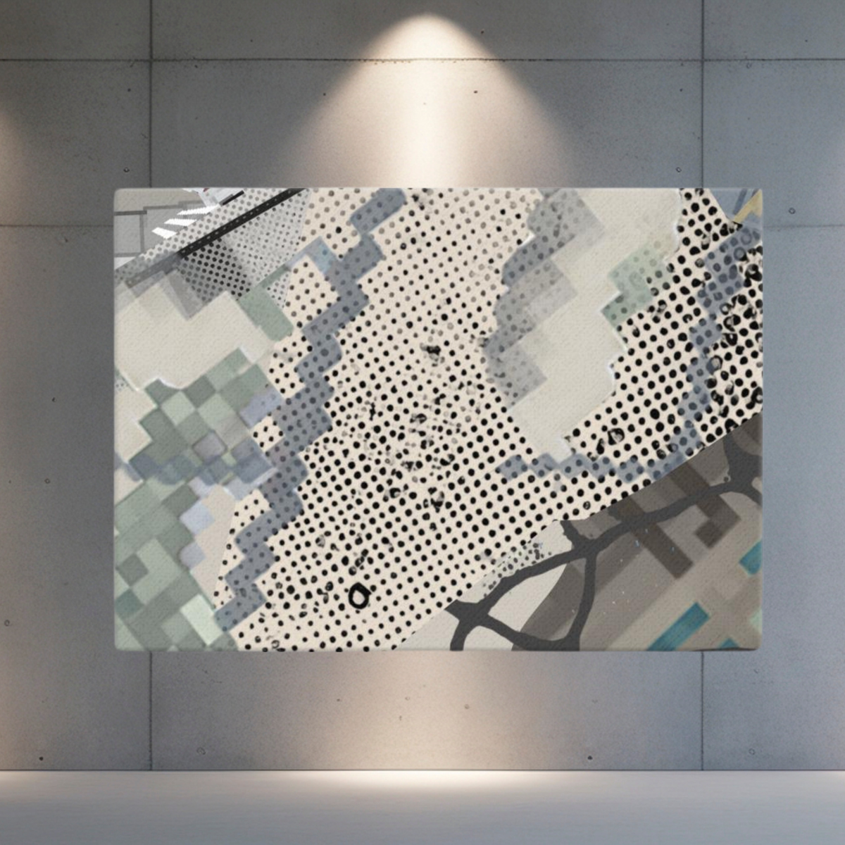 Urban Concrete 1 landscape canvas with grey, cream and muted green geometric patterns on an illuminated concrete wall.