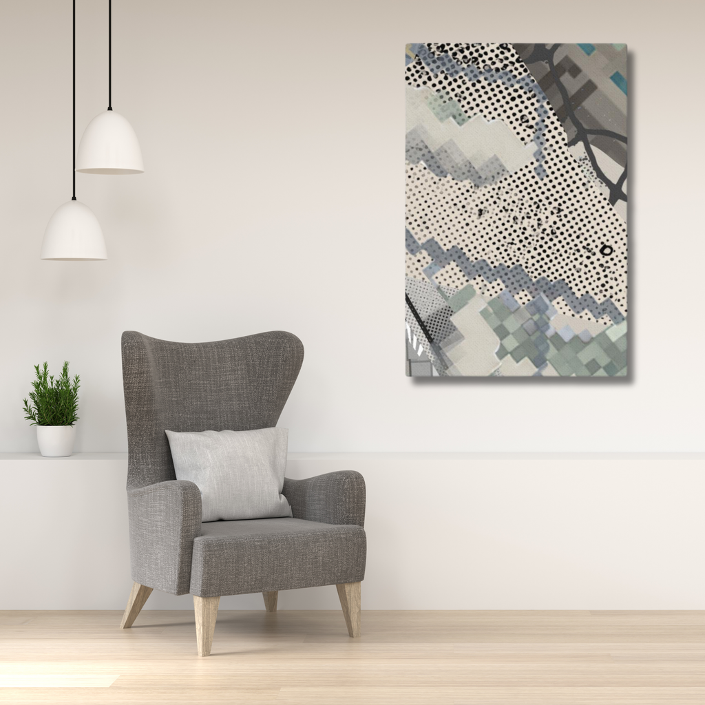 Urban Concrete 1 portrait canvas displayed beside a grey armchair and pendant lights.