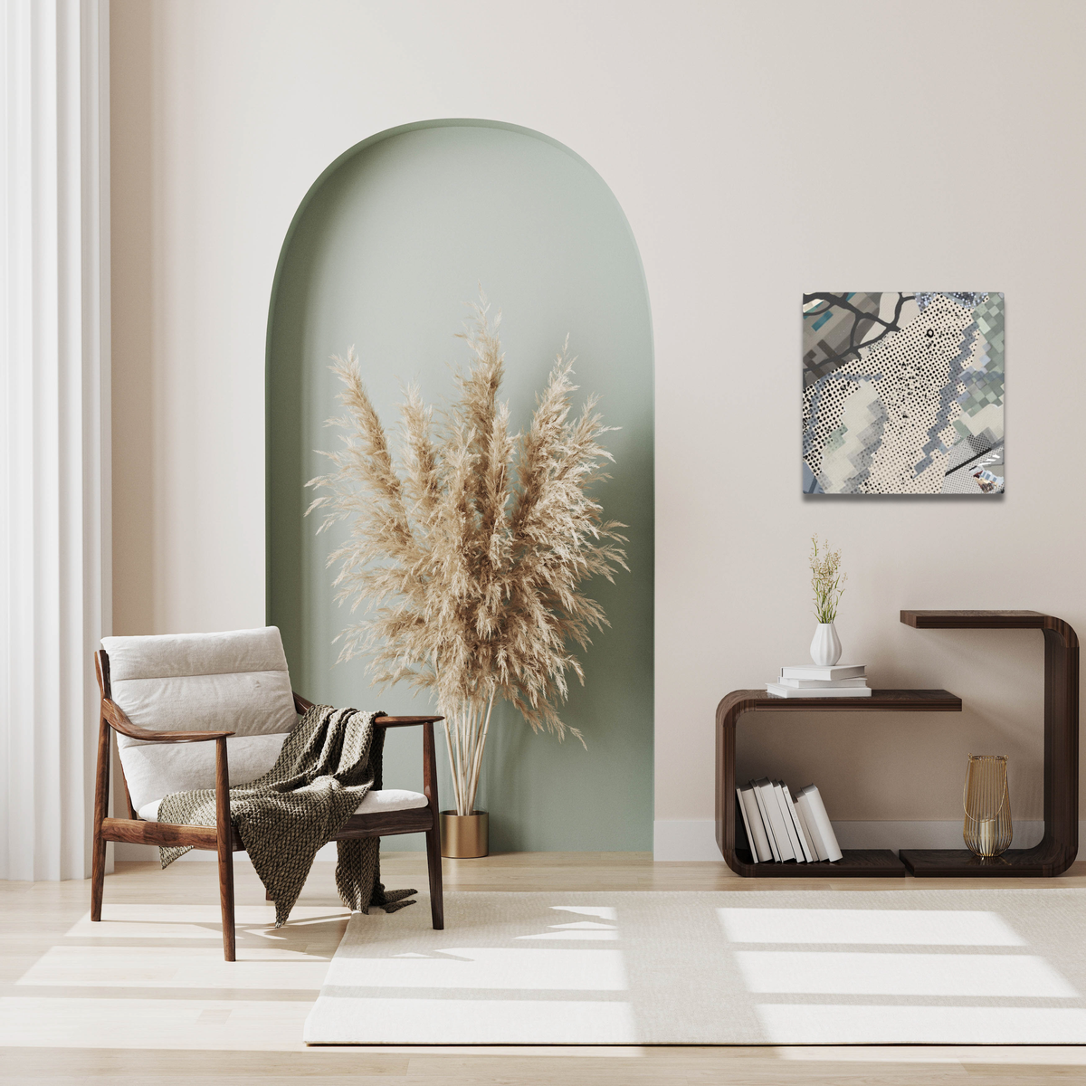 Urban Concrete 1 canvas displayed in a neutral room with a chair, pale green arched alcove and dried grasses.
