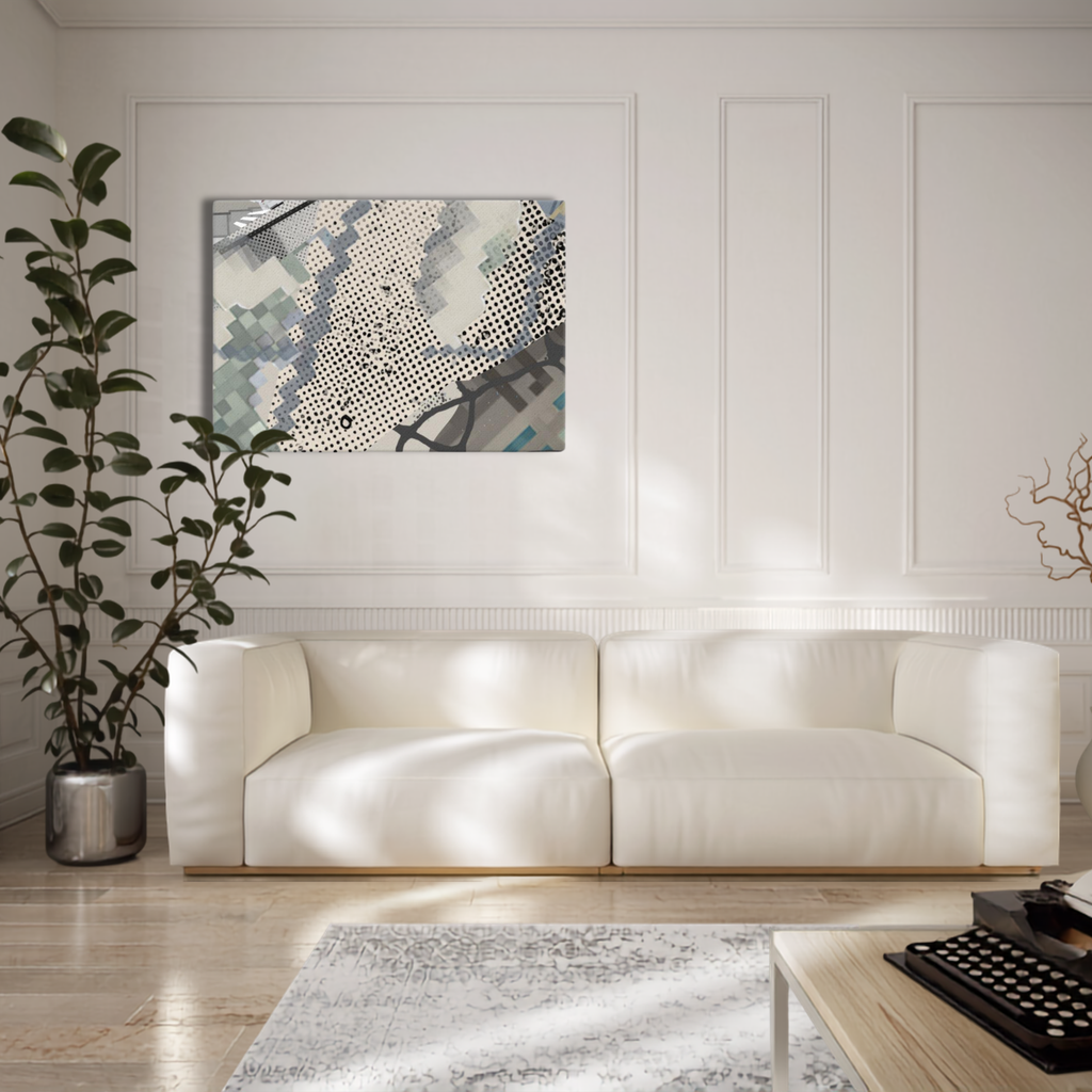Urban Concrete 1 canvas displayed above a white sofa in a bright living room with a large plant.