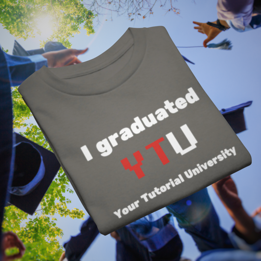 I Graduated YTU kids' T-shirt in charcoal, folded against flying graduation caps.