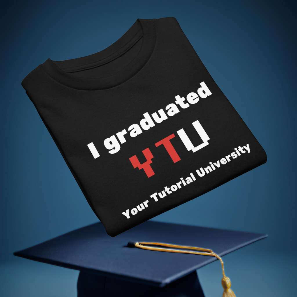I Graduated YTU kids' T-shirt in black, folded beside a blue graduation cap.