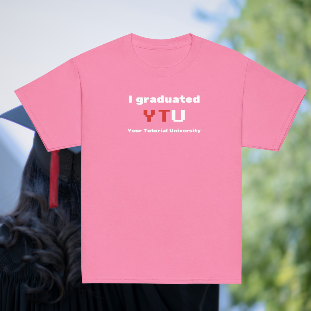 I Graduated YTU kids' T-shirt in pink, front product view against a graduation backdrop.