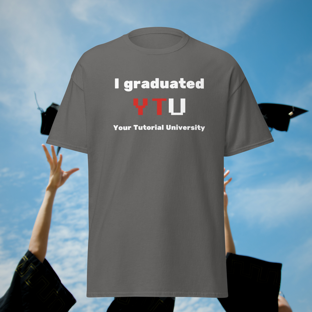I Graduated YTU T-shirt in charcoal, front product view against flying graduation caps.